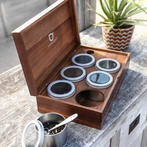 Tea box with 6 canisters, Acacia